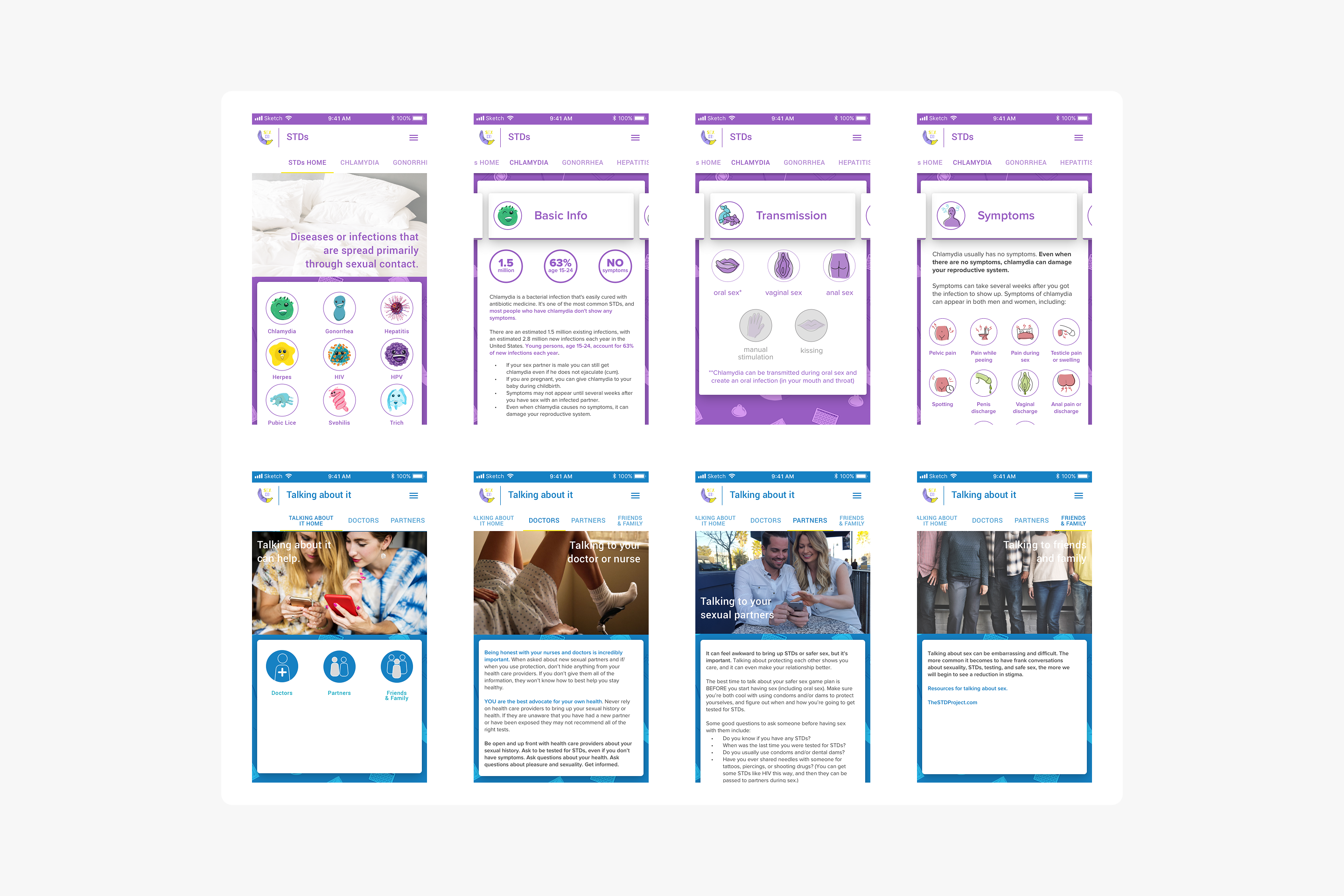 Collage of eight mobile app screens about STDs and sexual health information, showing sections on basic info, transmission, symptoms, and talking to doctors and partners.