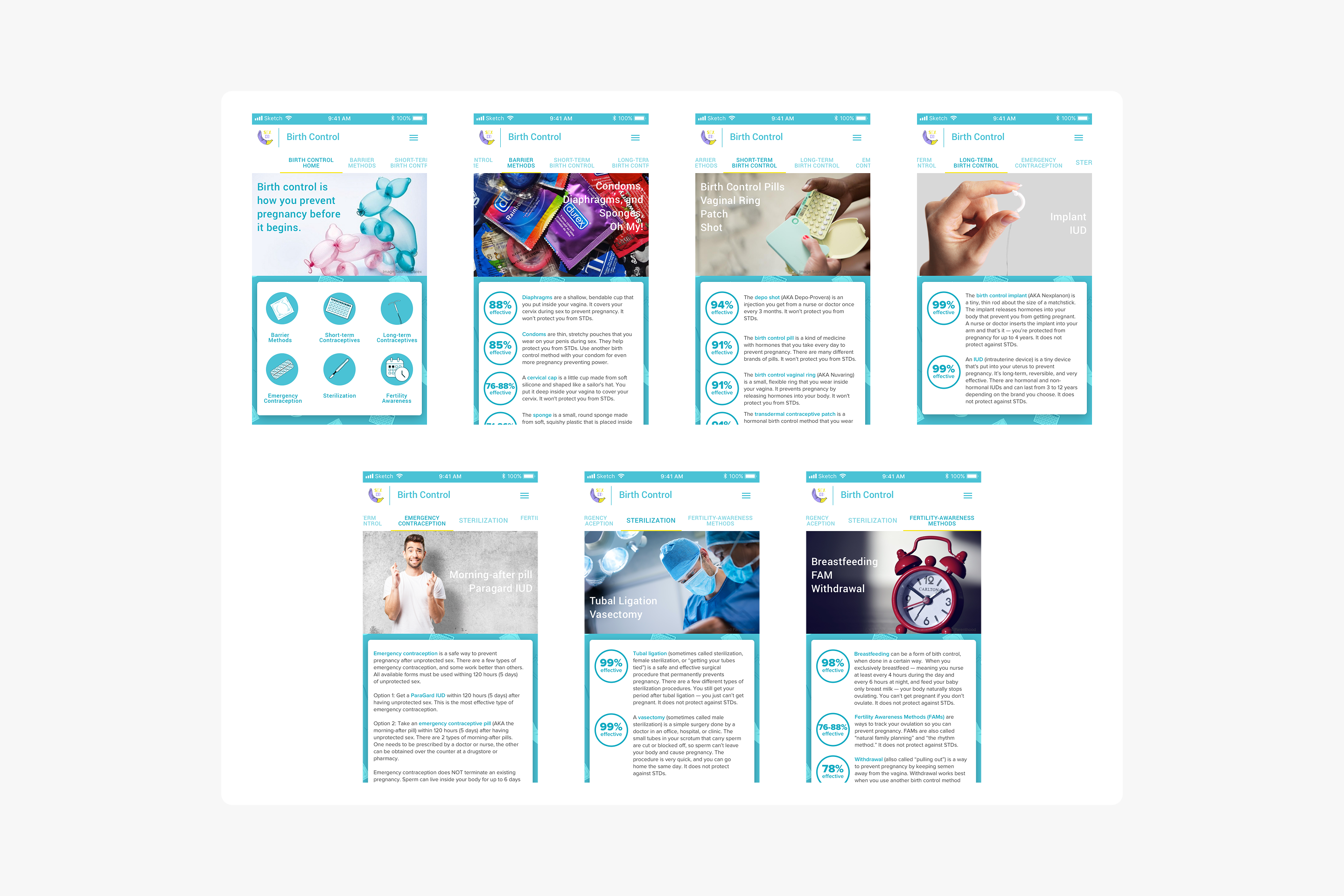 Eight mobile screen mockups showing detailed information and images about different birth control methods including barrier methods, short-term contraceptives, long-term contraceptives, emergency contraception, sterilization, and fertility awareness with effectiveness rates and descriptions.