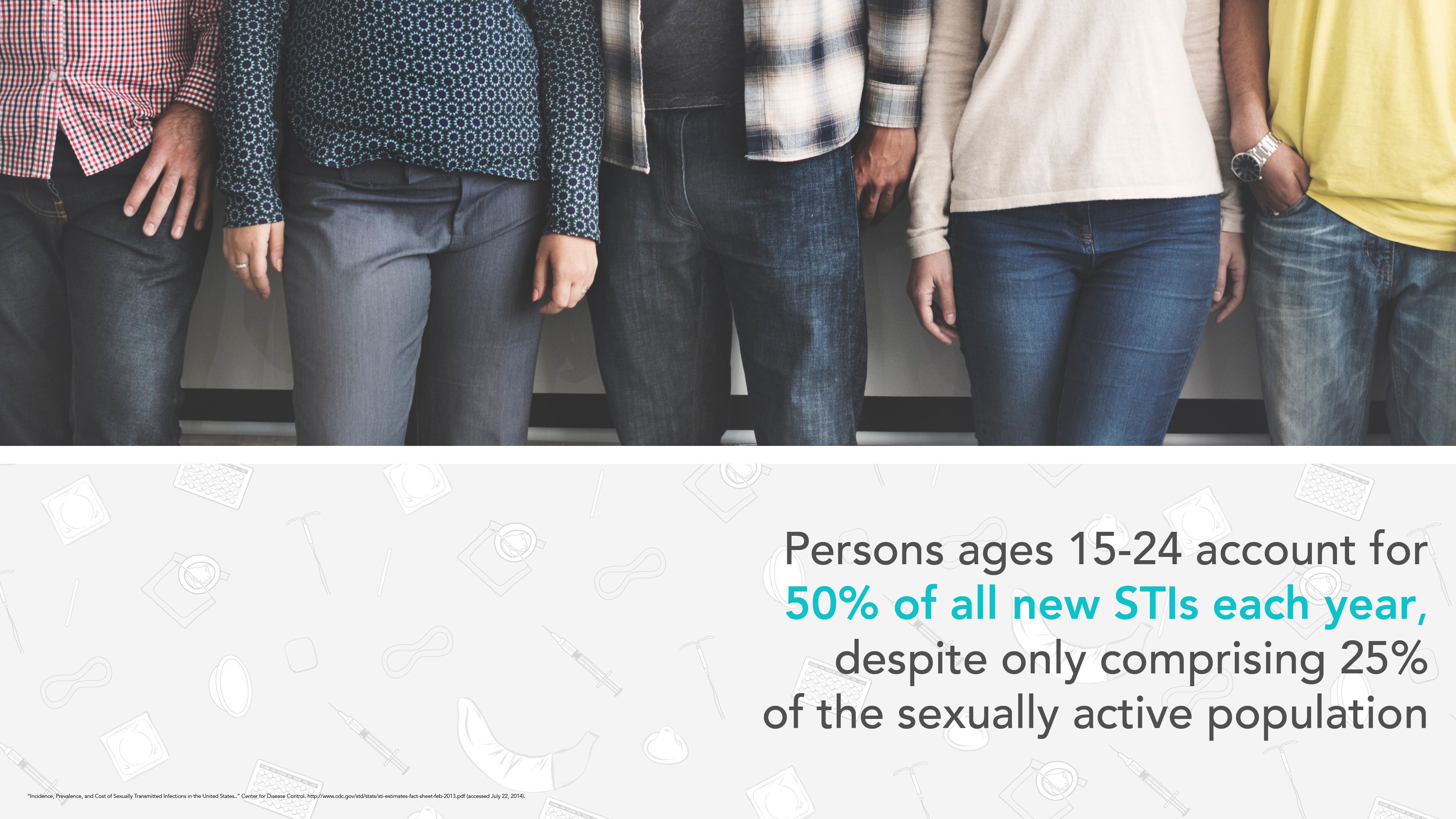 Lower torsos of five people standing side by side wearing casual clothes above text about STI statistics in ages 15-24.