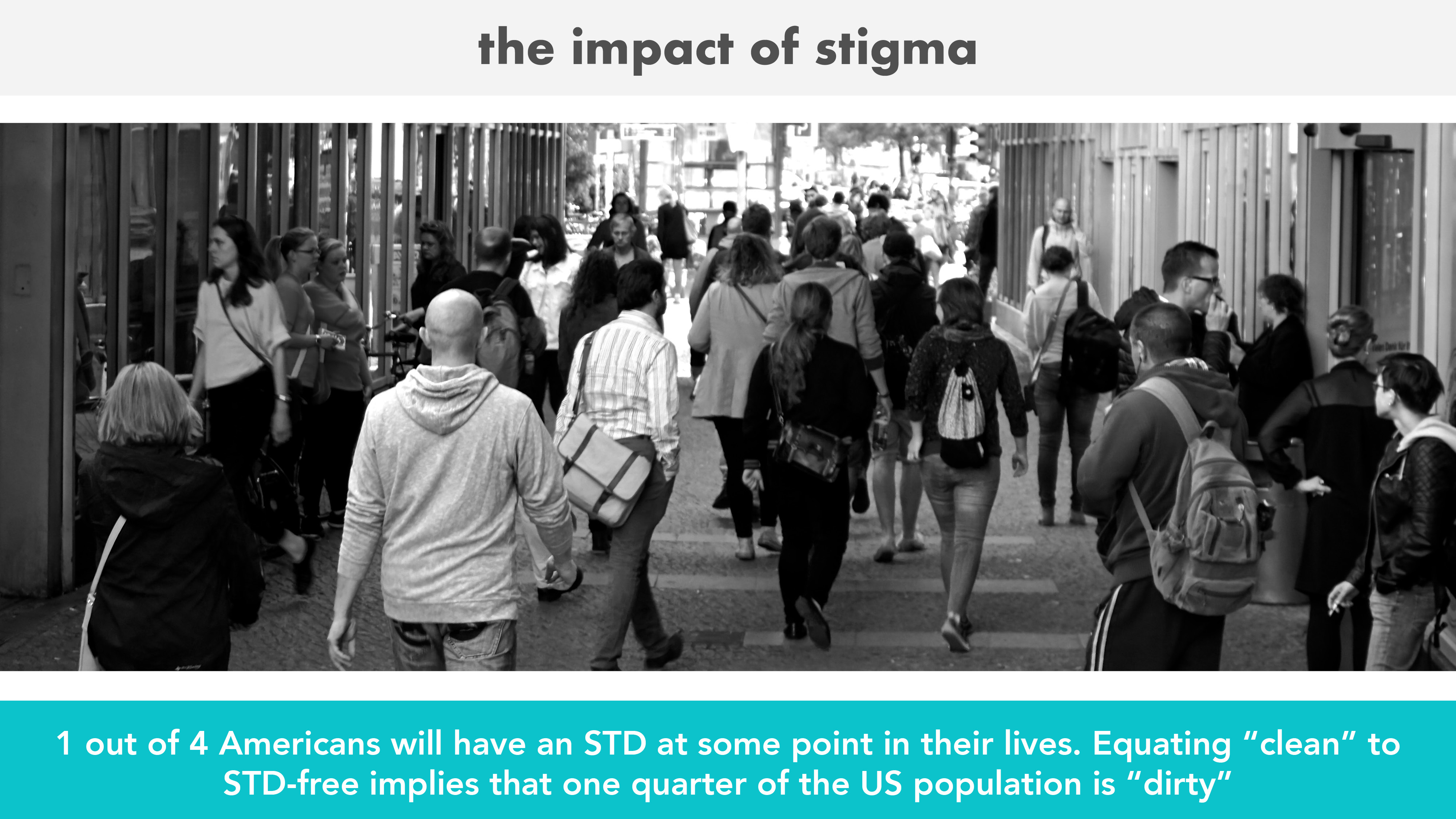 Black-and-white photo of a crowded urban street with people walking away from the camera, above text explaining the impact of stigma related to STD prevalence in the US.