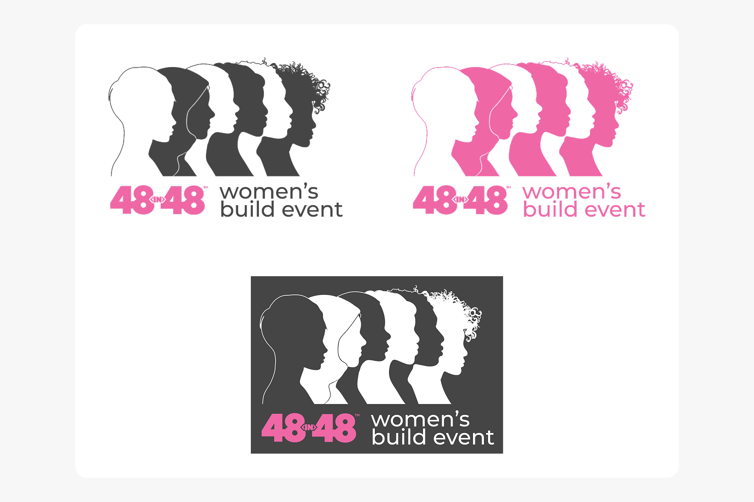 Three variations of the 48in48 women's build event logo featuring six layered female silhouettes of diverse hairstyles in black, white, and pink.