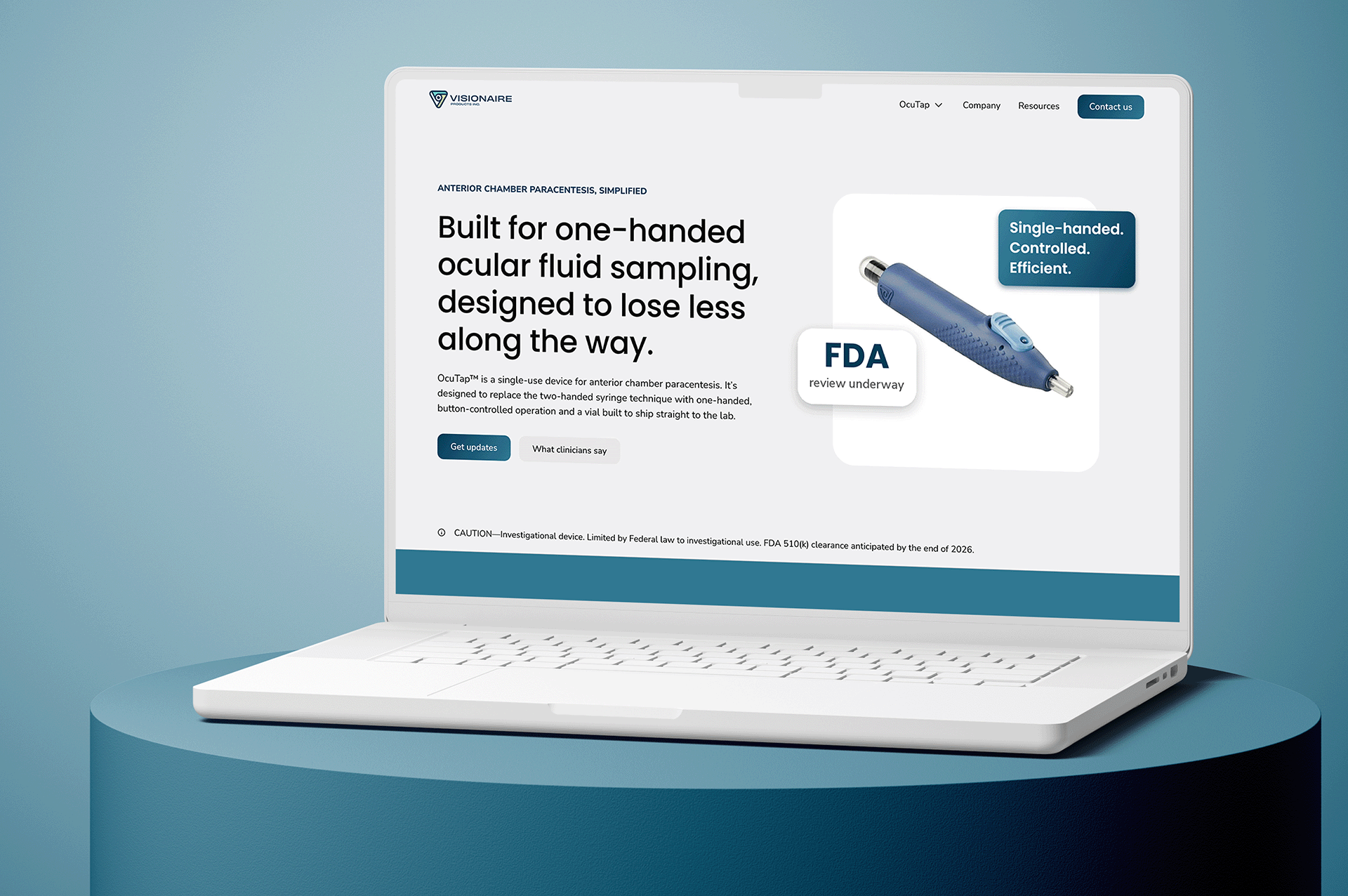 Laptop showing Visionaire website featuring OcuTap, a single-use device sampling ocular fluid with less loss.