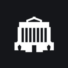 White icon of a classical building with columns and two urns on a black background.