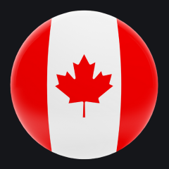 Round 3D button with the Canadian flag showing a red maple leaf centered between two red vertical bands on a white background.