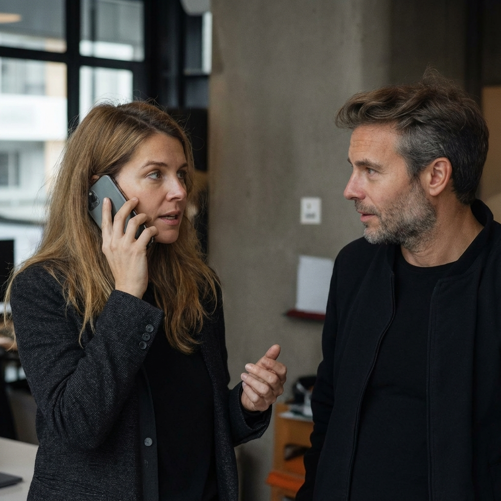 Woman talking on a smartphone while conversing with a man in an office setting.