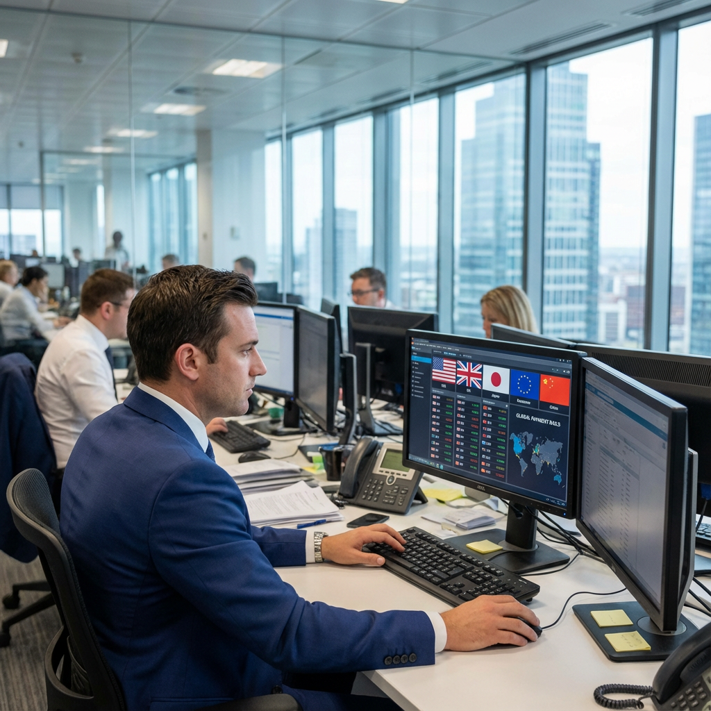 Man in blue suit working on a computer with multiple monitors displaying global market data in an office with large windows.