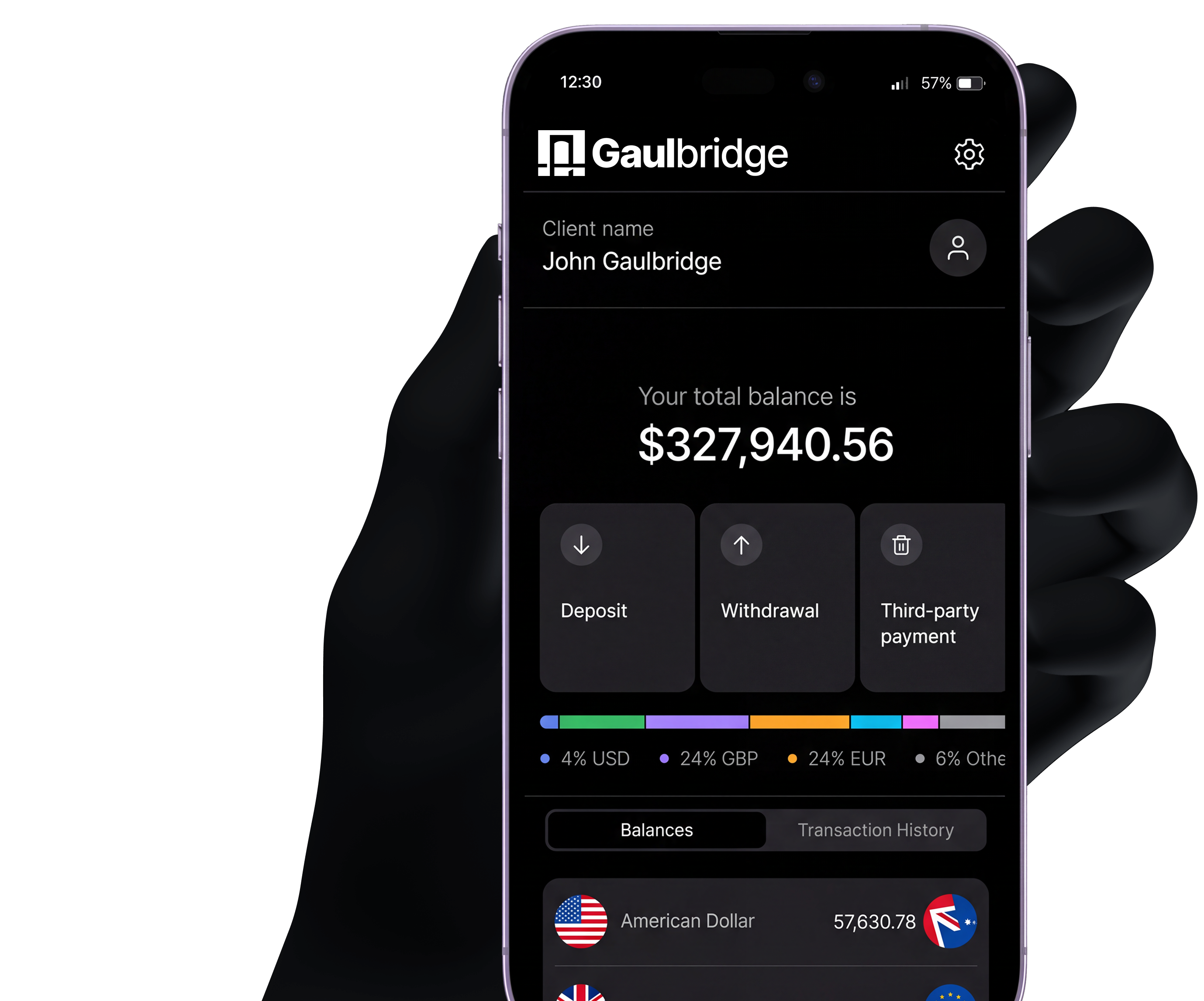 Mobile app screen showing John Gaulbridge's total balance of $327,940.56 with options for deposit, withdrawal, and third-party payment.