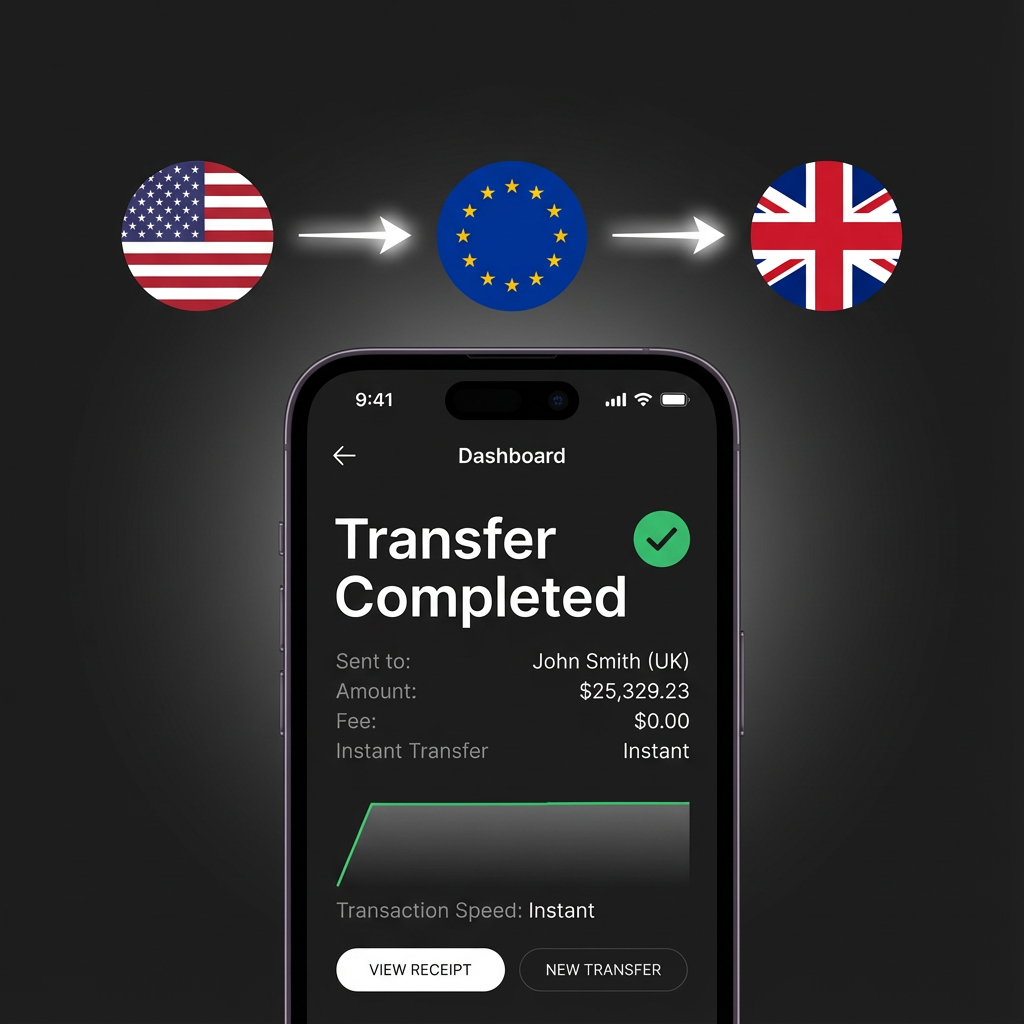 Mobile screen shows completed money transfer of $25,329.23 to John Smith in the UK with no fee and instant transaction speed, between USA, Europe, and UK flags.