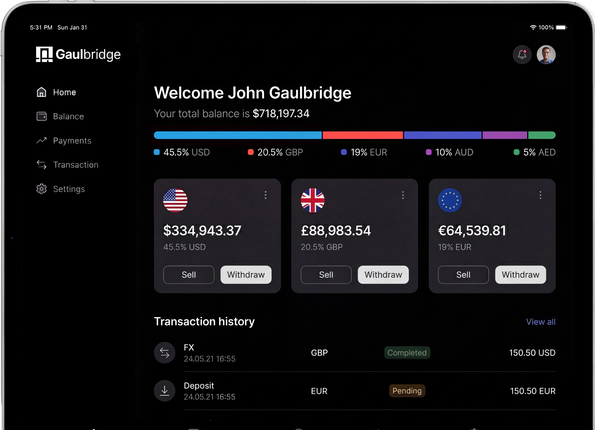 Tablet screen showing a financial app dashboard with total balance of $718,197.34, a currency distribution bar, and individual balances in USD, GBP, and EUR with options to sell or withdraw, plus a transaction history including FX and deposit transactions.