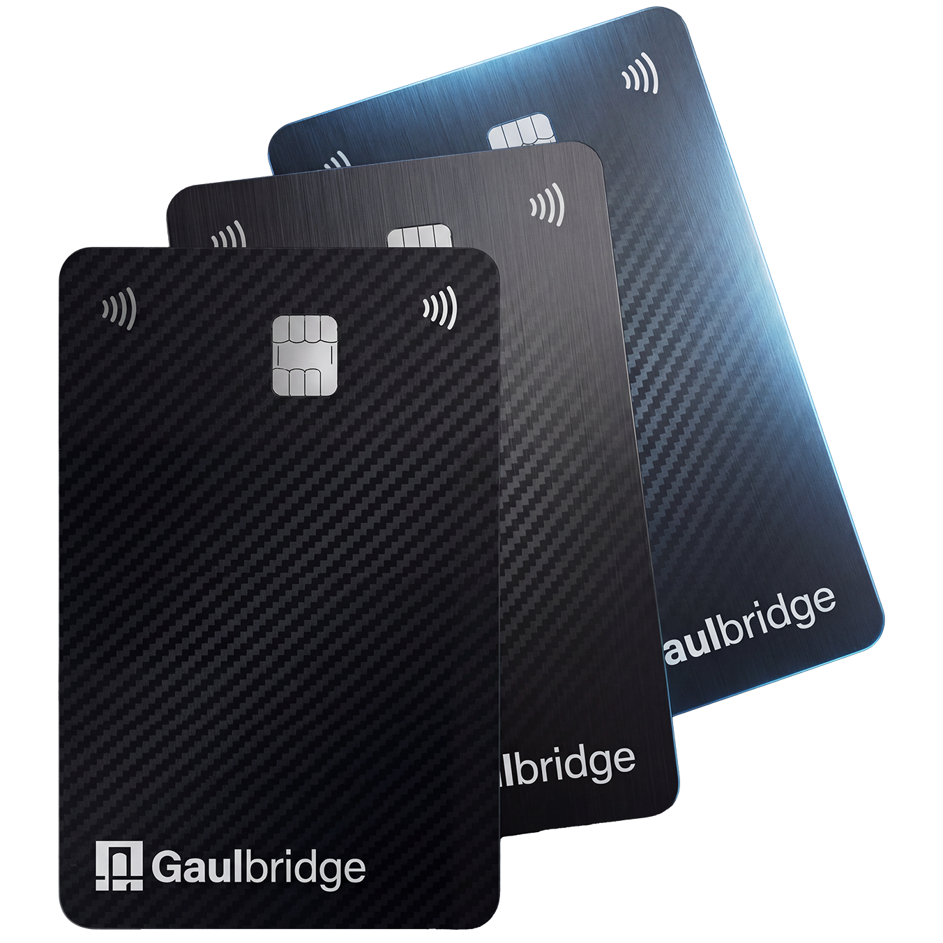 Three stacked Gaulbridge carbon fiber credit cards in black, dark gray, and blue.