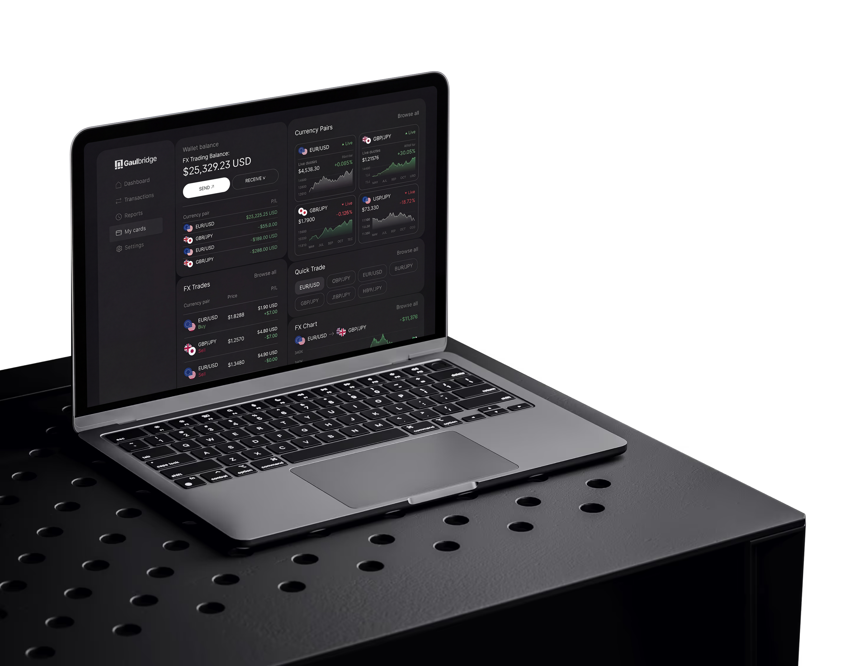 Modern gray laptop displaying a dark-themed trading dashboard with currency pairs, wallet balance, and charts on a black perforated metal table.