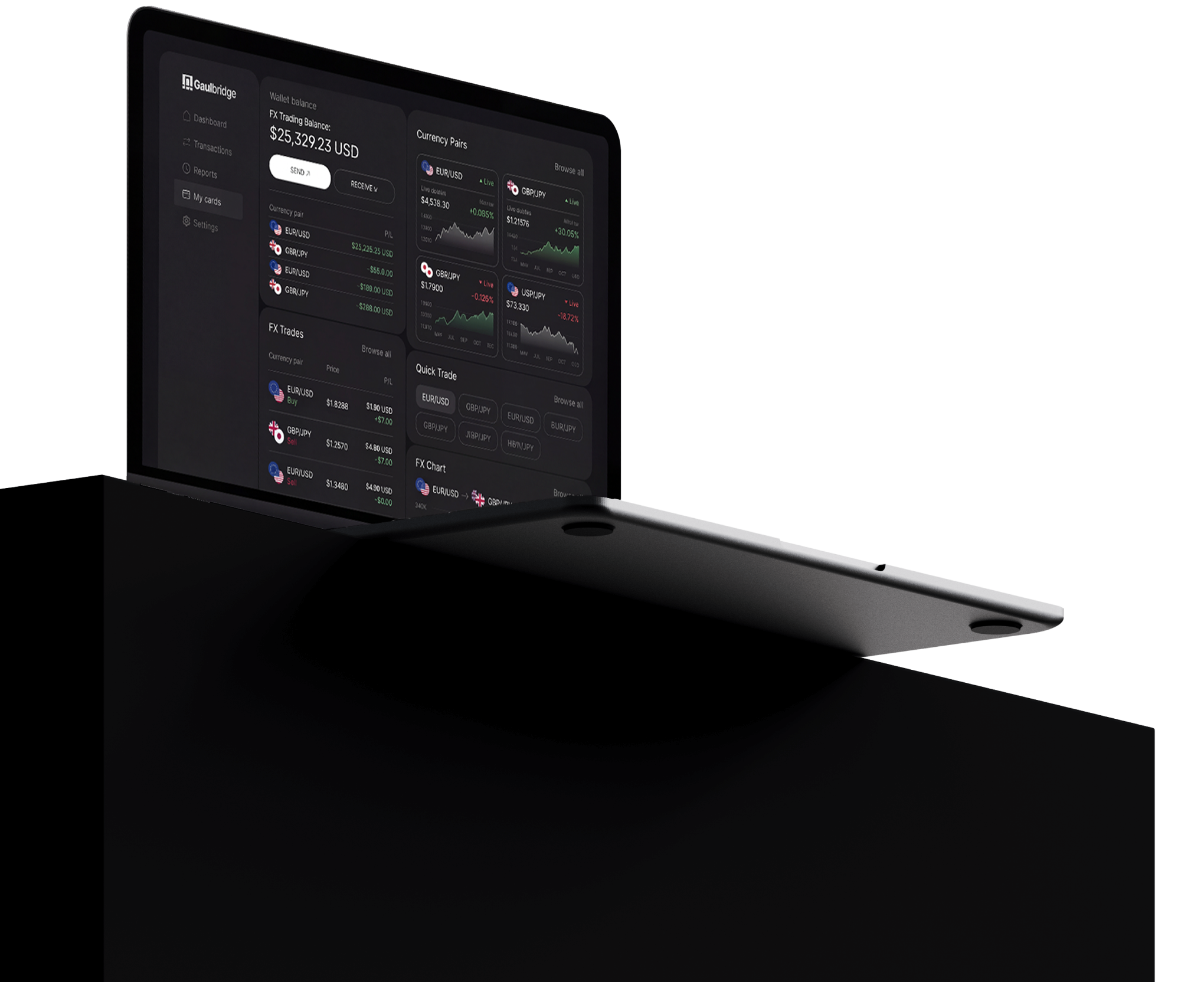 Open laptop displaying a dark-themed financial trading dashboard with currency pairs, wallet balance of $25,329.23 USD, live charts, and trading options.