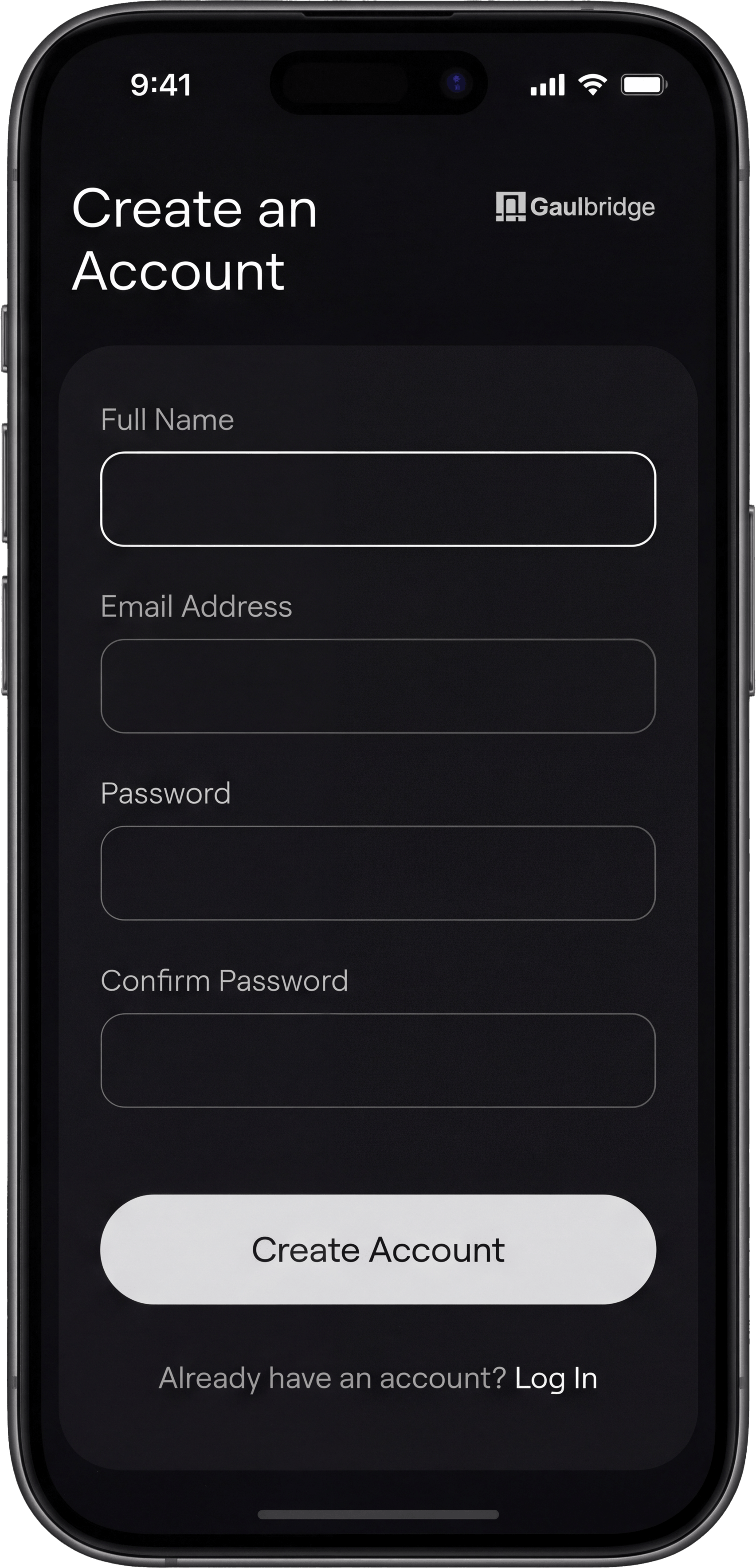 Mobile app screen with a dark theme displaying a 'Create an Account' form including fields for full name, email address, password, confirm password, a 'Create Account' button, and a 'Log In' link for existing users.