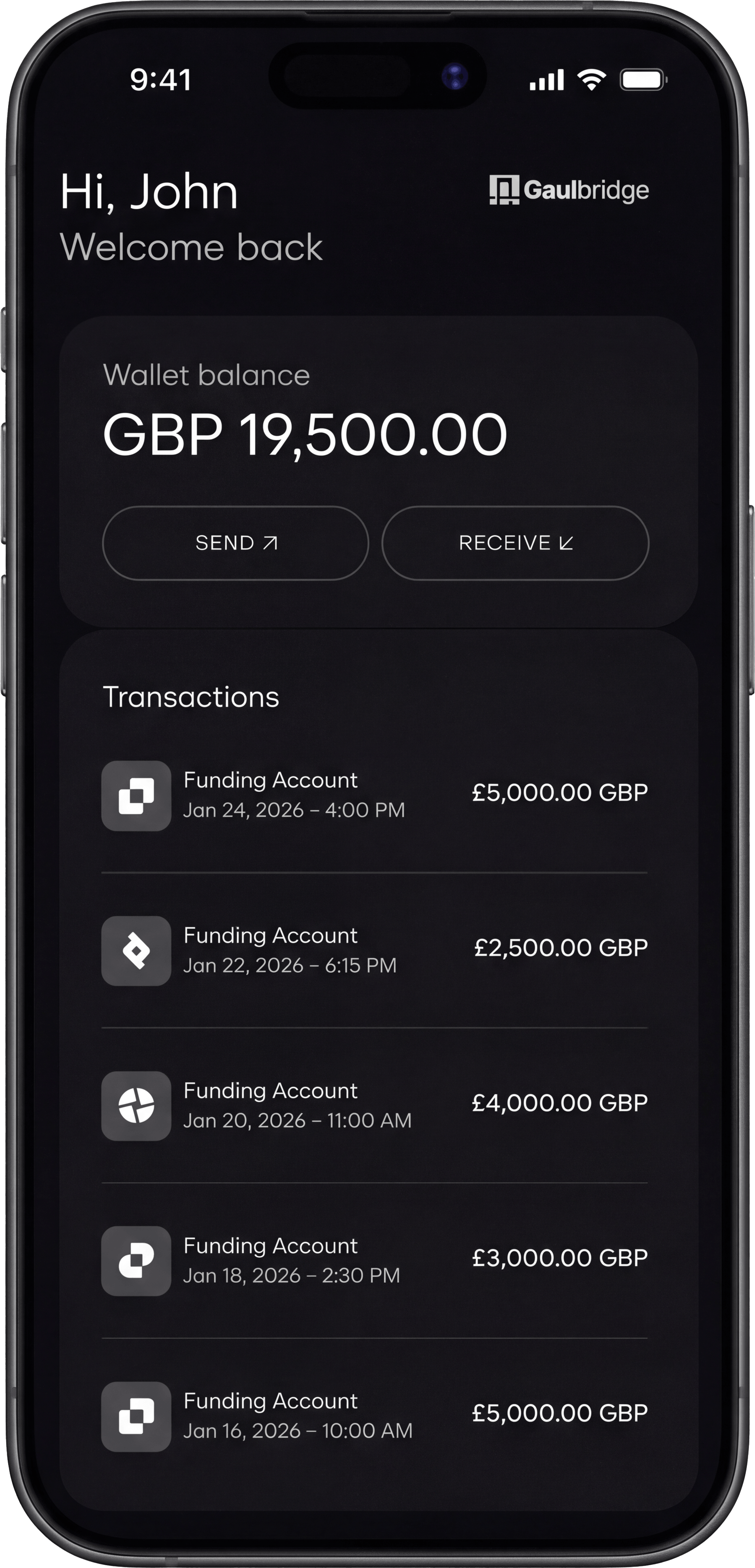 Mobile wallet app showing GBP 19,500 balance, with recent transactions from Funding Account totaling from £2,500 to £5,000 each.