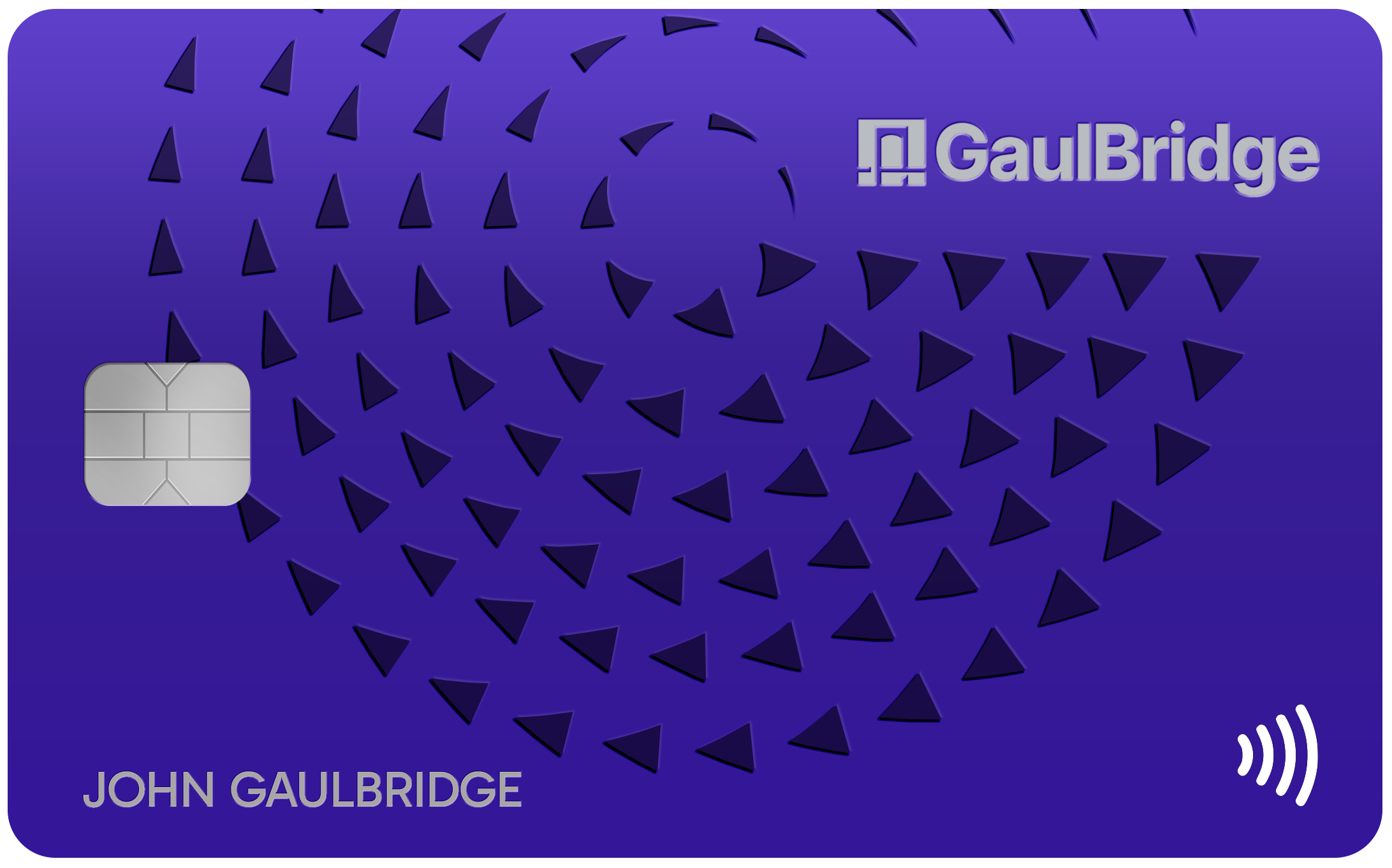 Purple GaulBridge credit card with chip, contactless payment symbol, abstract triangular pattern, and cardholder name John Gaulbridge.
