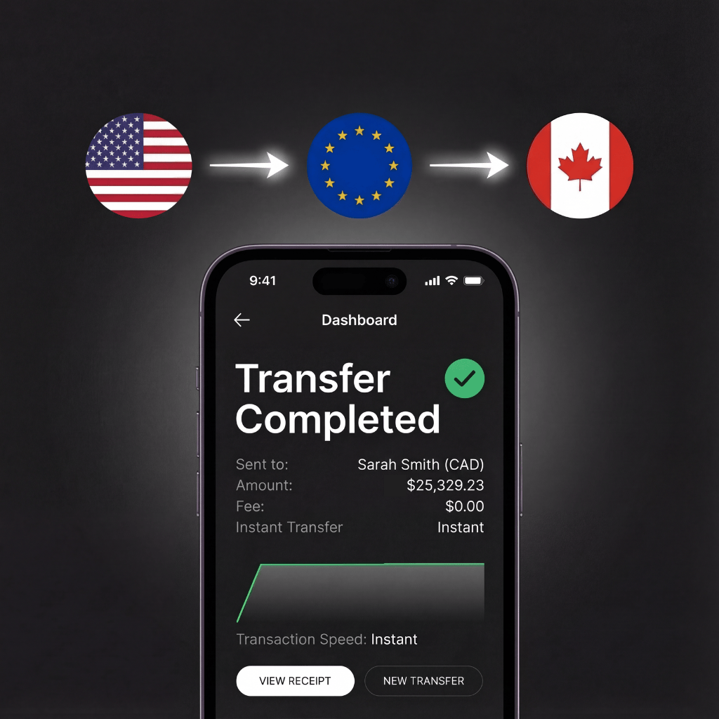 Mobile screen showing transfer completed to Sarah Smith with amount $25,329.23 CAD, no fee, and instant transaction speed; arrows indicate transfer from USA to Europe to Canada.