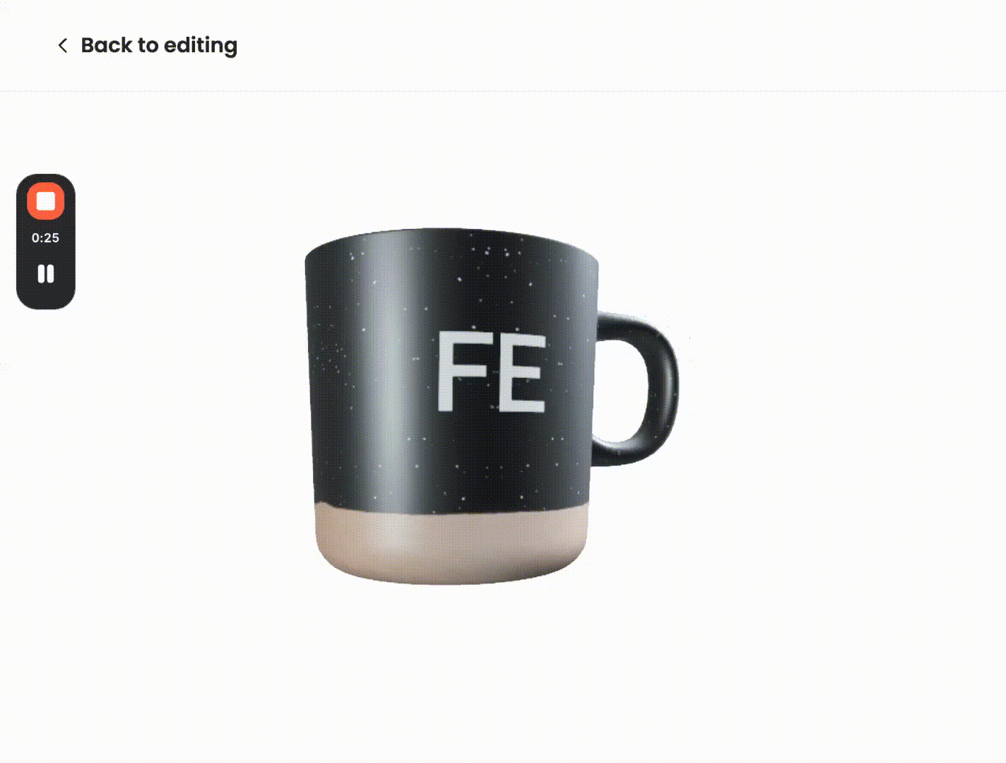 Animated 3D mug preview rotating to show a logo applied accurately across the wrap-around print area, with handle position and ceramic curvature visible
