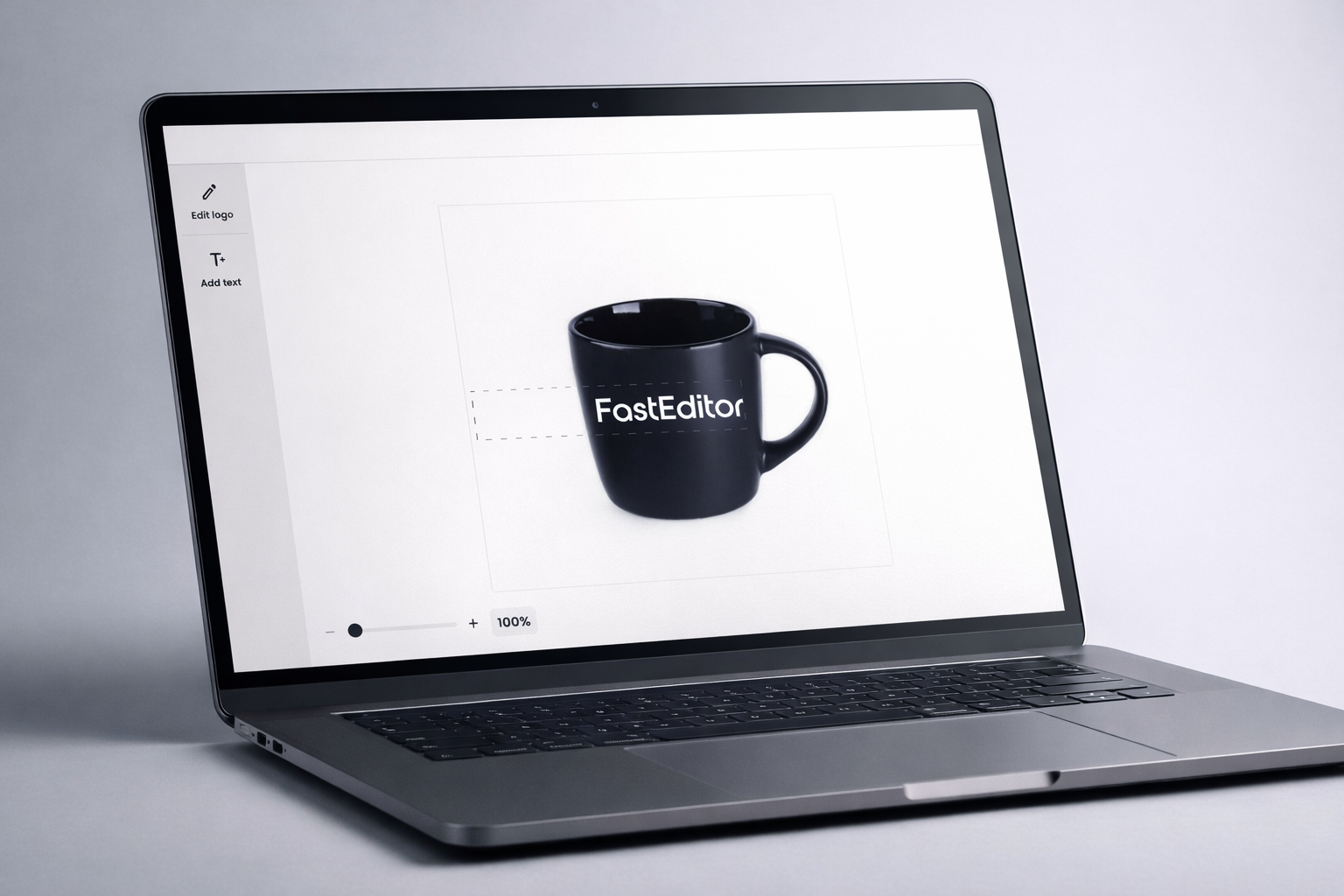 FastEditor mug designer interface showing a customer's logo rendered on a photorealistic 3D ceramic mug model with the wrap-around print area applied