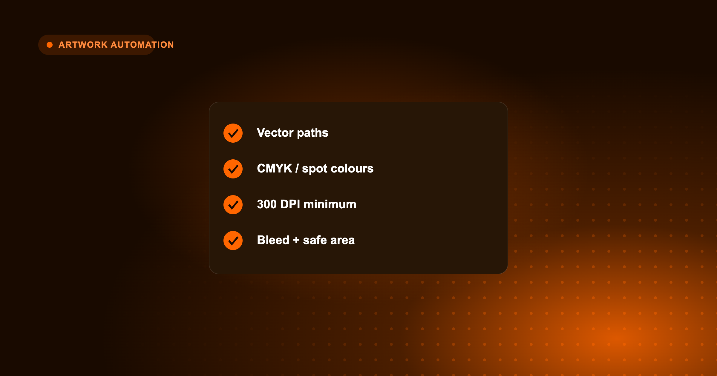Production-ready file checklist: vector paths, CMYK or spot colours, 300 DPI, bleed and safe area