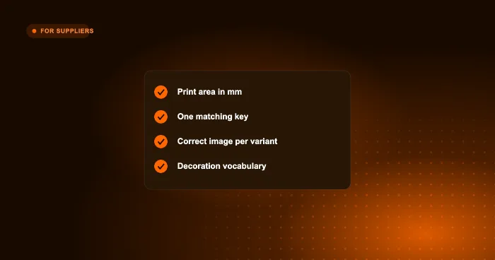 Standardised print data checklist: print area in mm, matching key, image per variant, decoration vocabulary