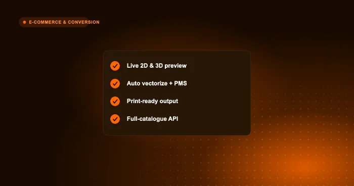 Web-to-print buyer checklist: live 2D and 3D preview, auto vectorize, print-ready output, full-catalogue API