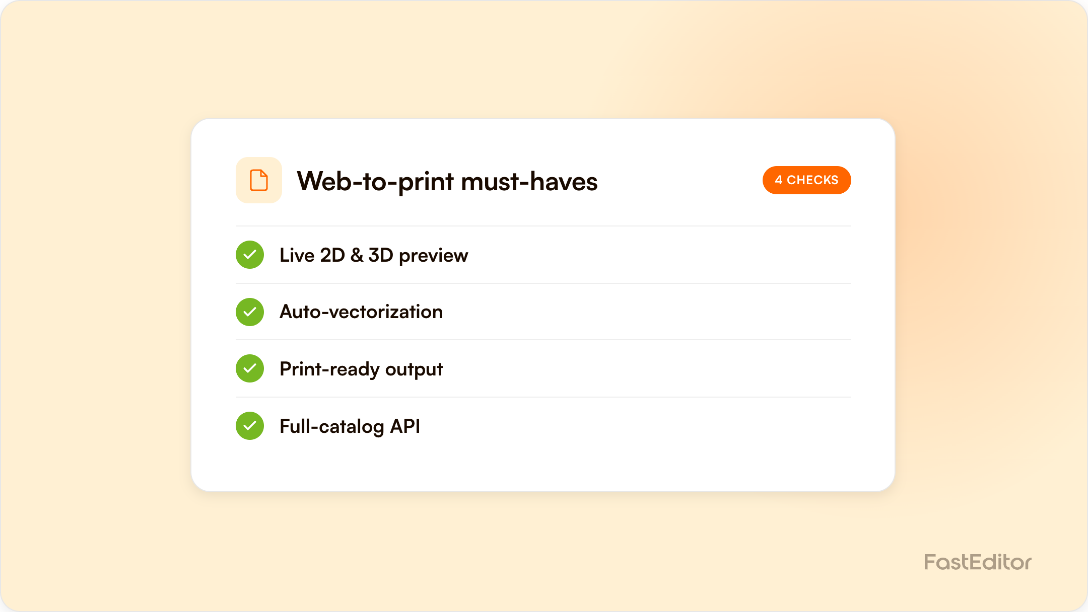 Branded FastEditor graphic on a web-to-print software buyer's guide