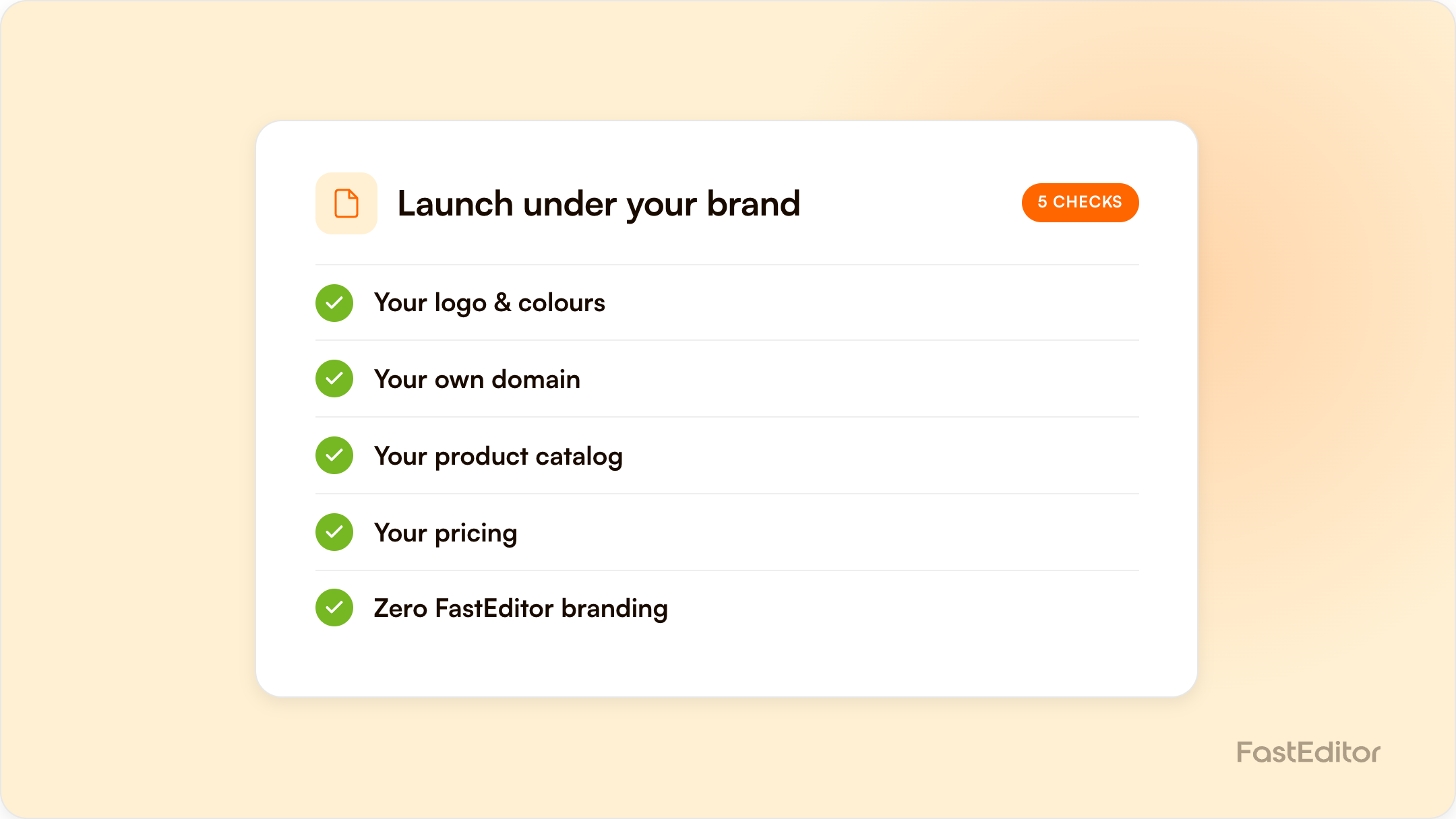 Branded FastEditor graphic showing a white-label product personalisation checklist