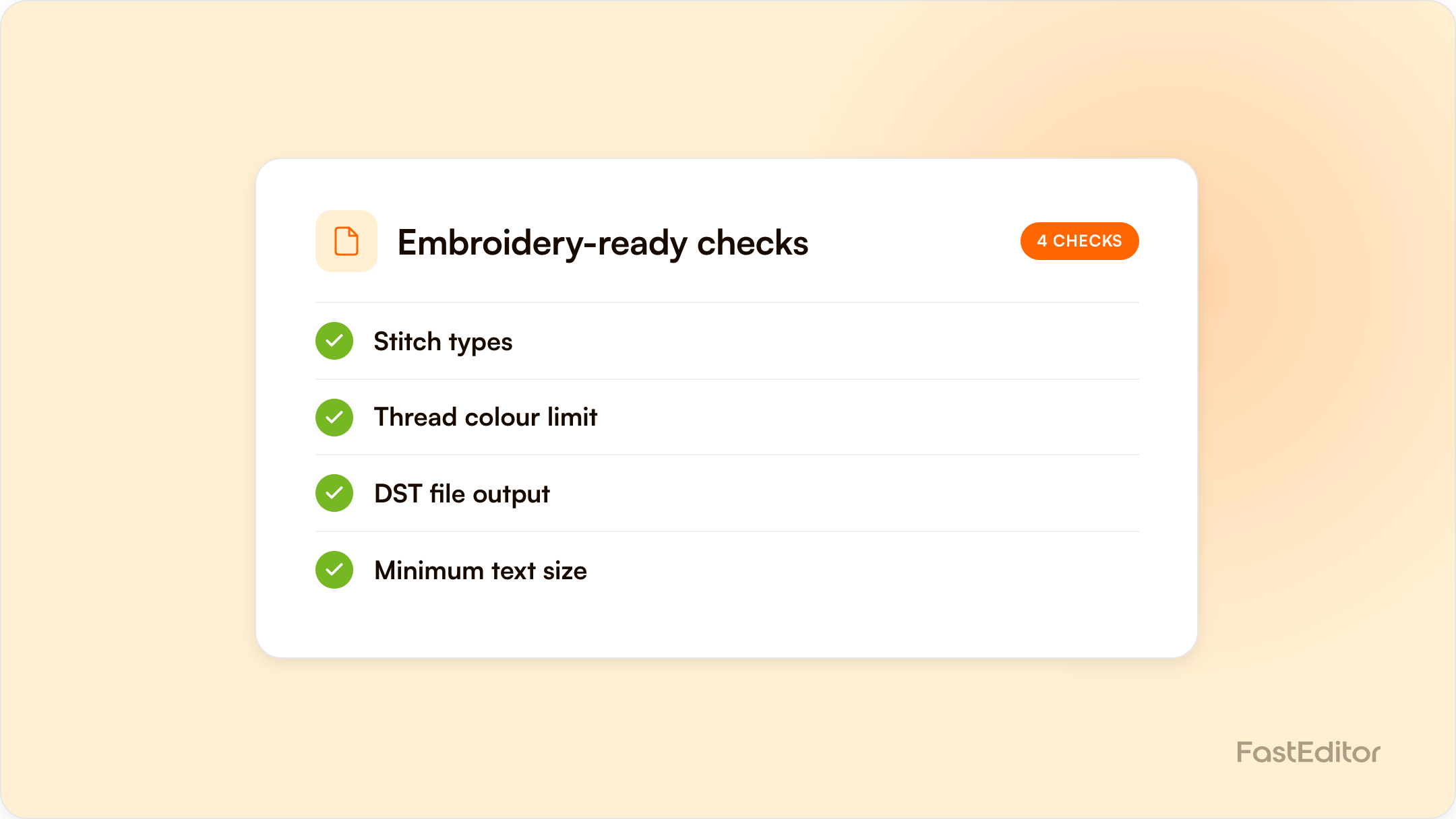 Branded FastEditor graphic listing embroidery-ready checks for digitizing automation