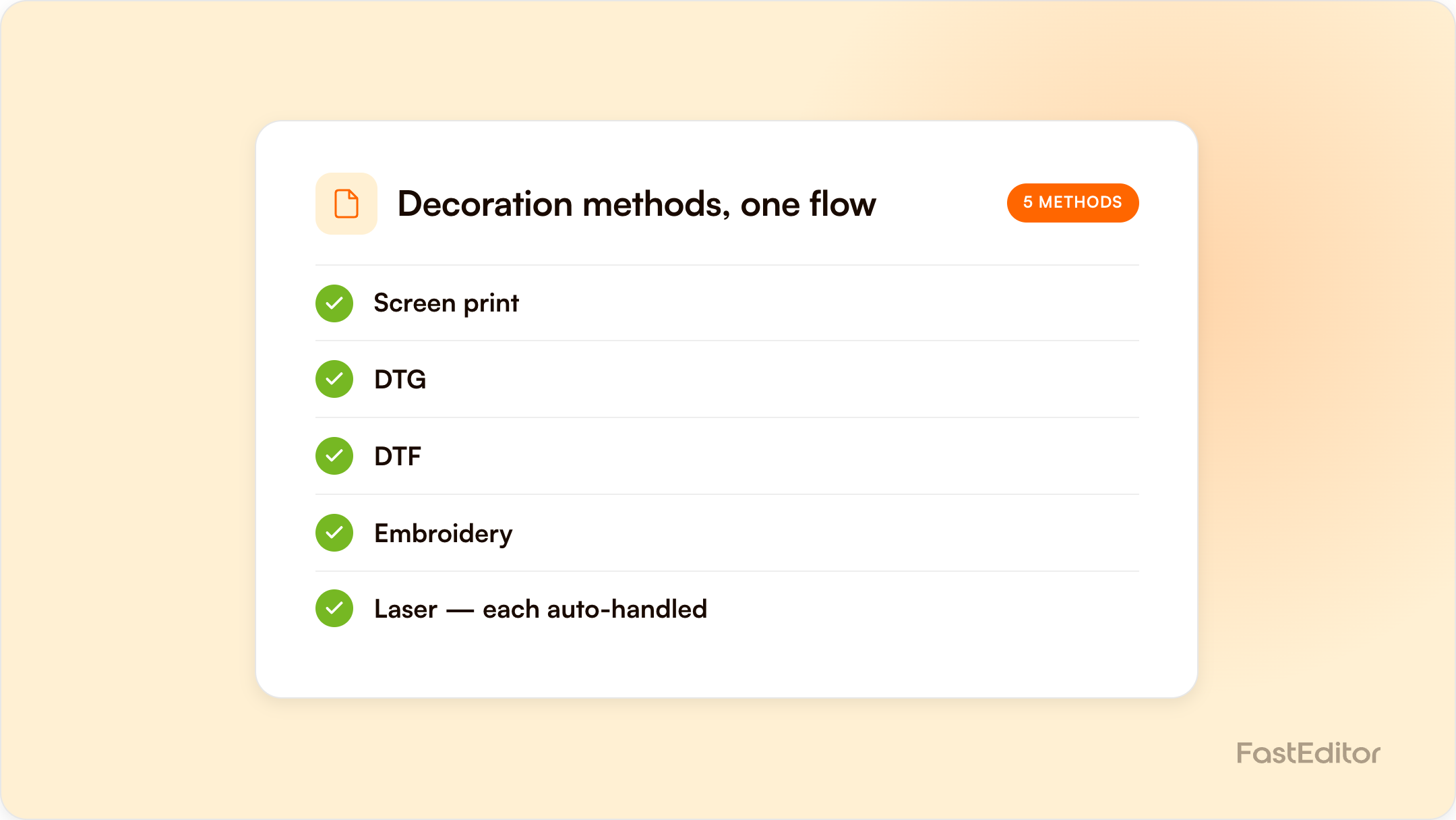 Branded FastEditor graphic explaining decoration techniques