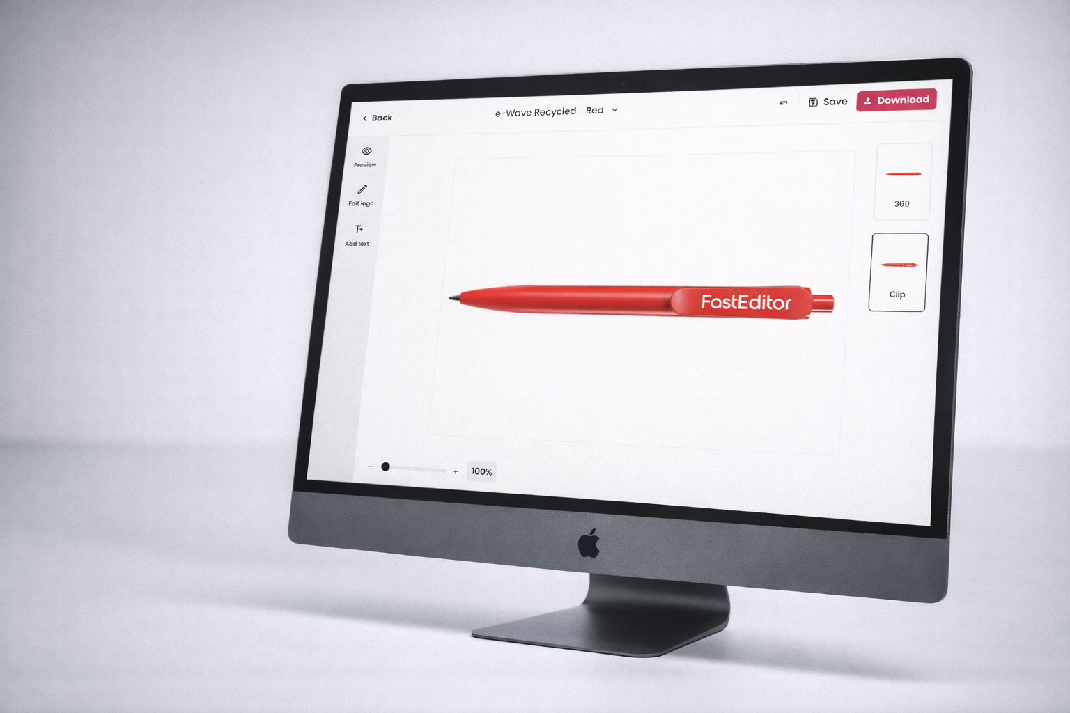 FastEditor pen design software showing a customer logo rendered on a 3D ballpoint pen barrel with the imprint area applied