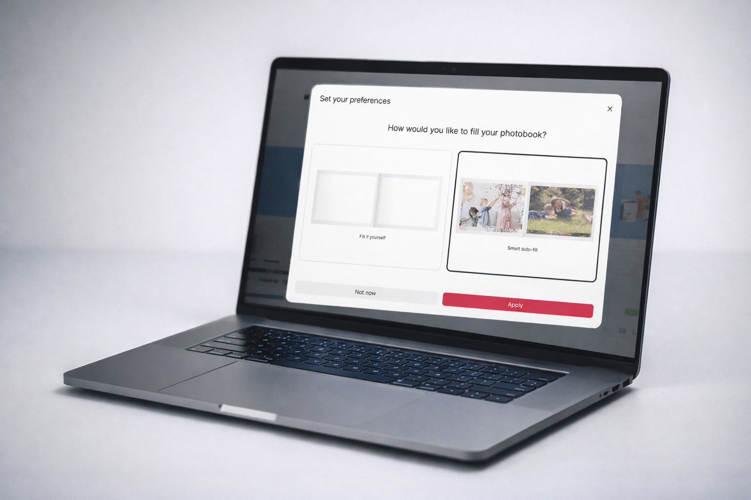 FastEditor white label photobook software showing an album laid out automatically from a customer's uploaded holiday photos