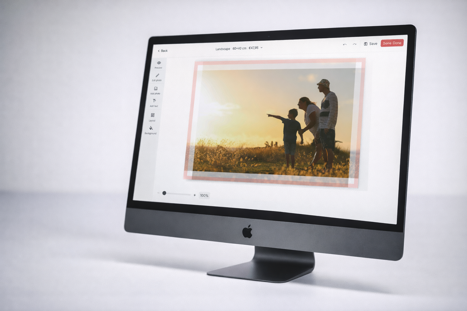FastEditor canvas printing software showing a customer photo rendered on a gallery-wrapped canvas hanging on a wall at true scale