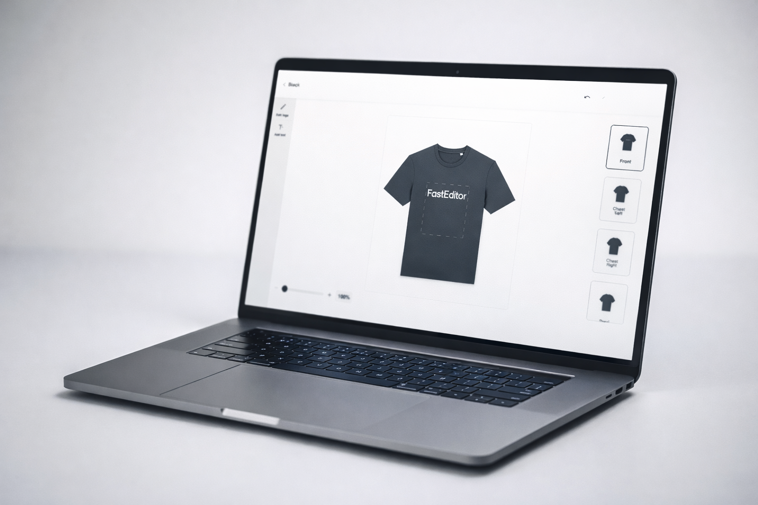 FastEditor t-shirt design software showing a customer design placed on the front chest print area with the 360-degree preview control