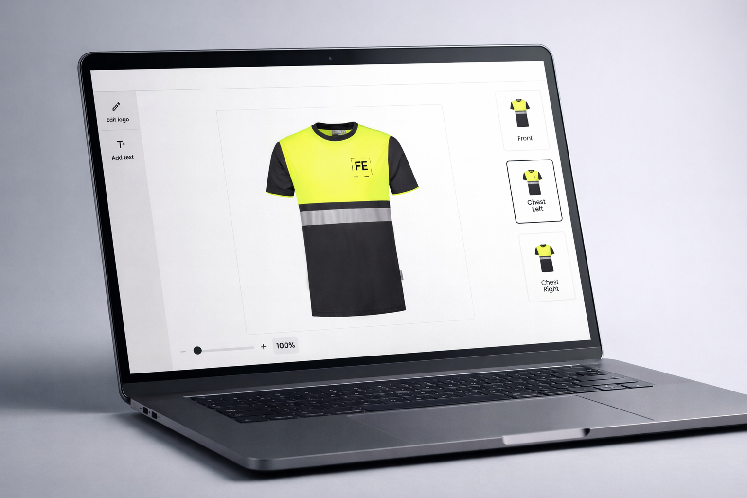 FastEditor uniform design software showing a stored company logo locked to the left chest position on a hi-vis work jacket