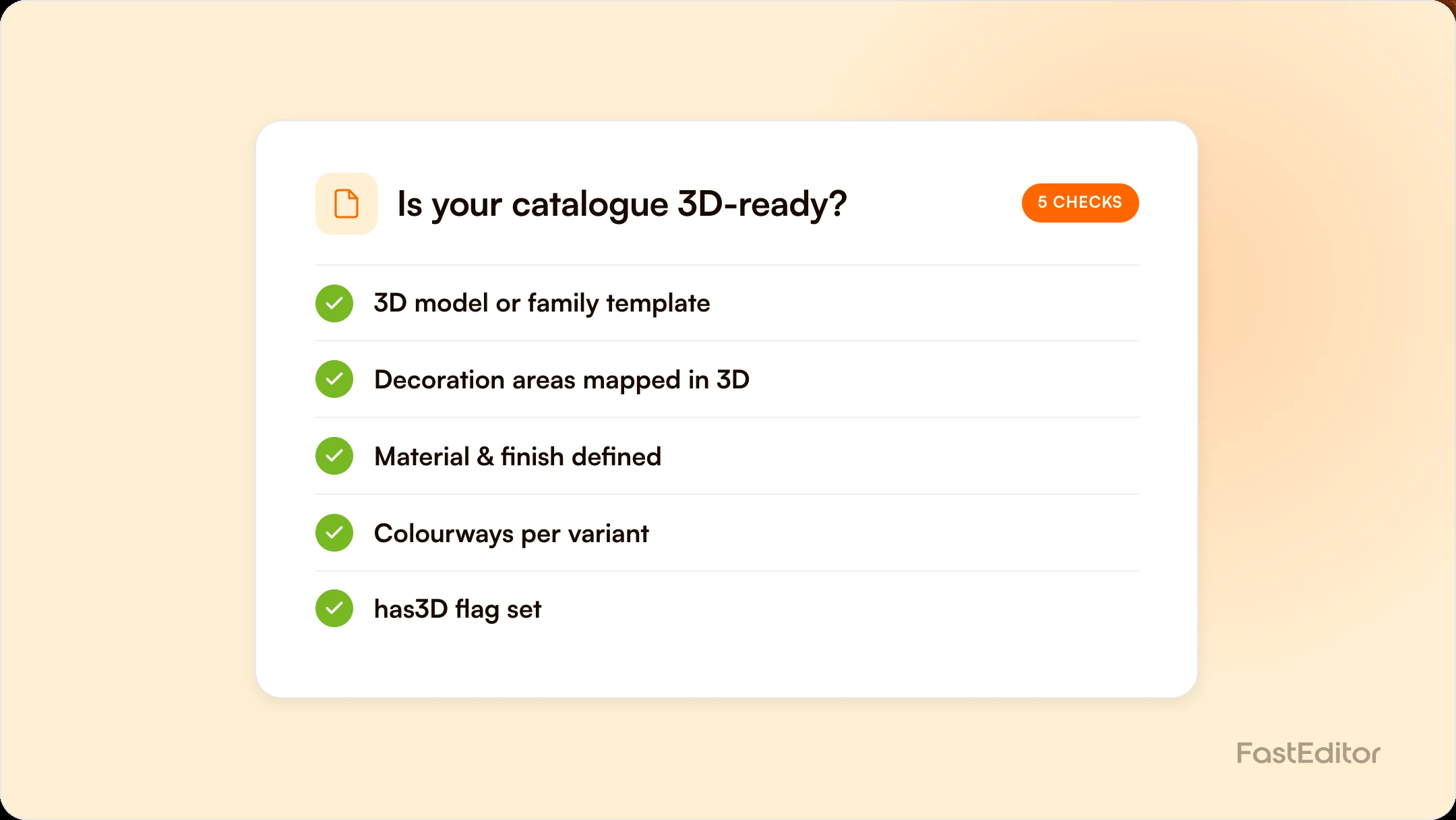 FastEditor graphic on a cream background, a checklist titled Is your catalogue 3D-ready with five checks: 3D model or family template, decoration areas mapped in 3D, material and finish defined, colourways per variant, and has3D flag set