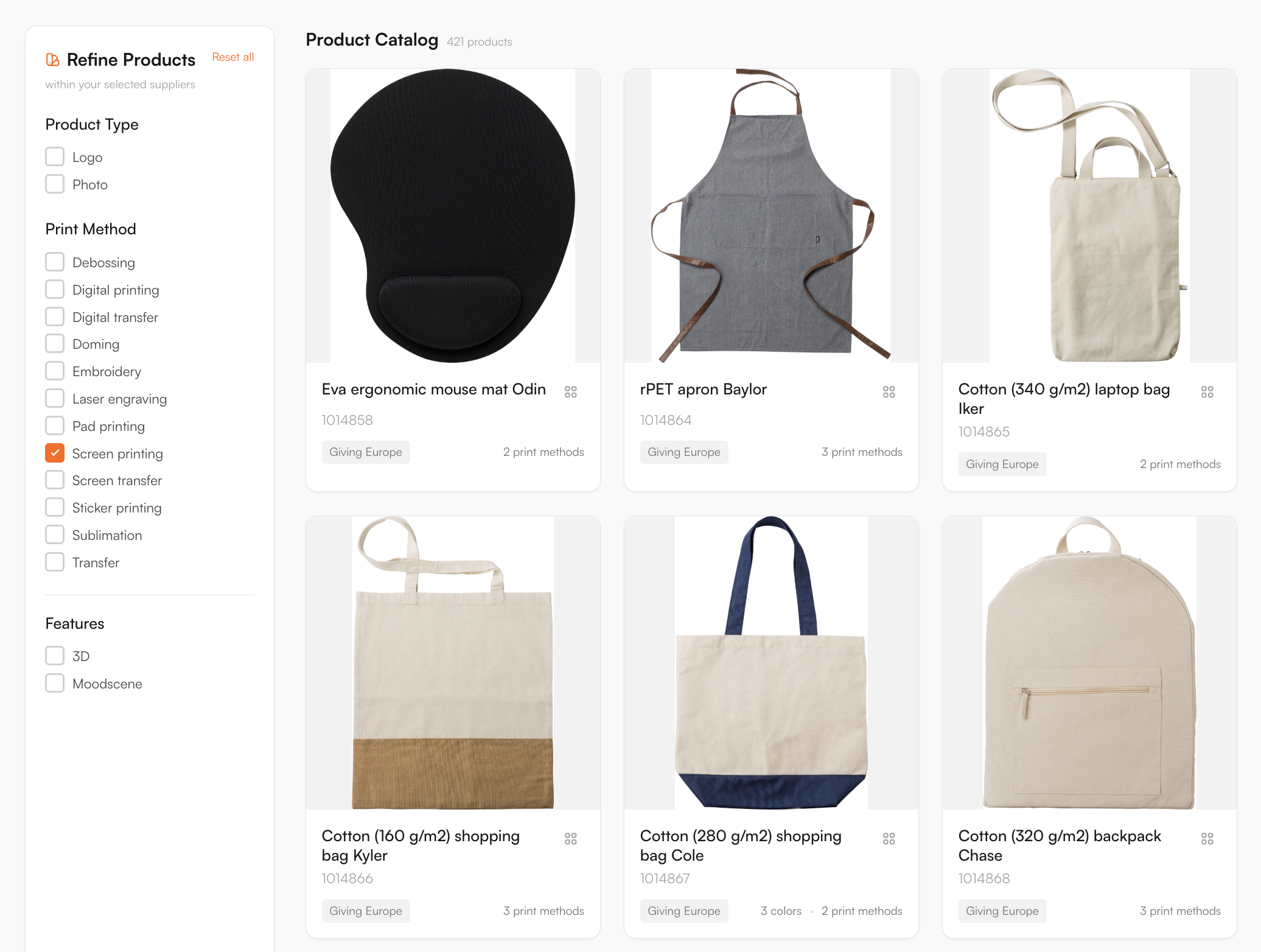 Giving Europe catalogue in the FastEditor Product Hub