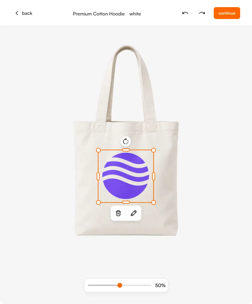 FastEditor tote bag editor showing an uploaded logo previewed on a tote bag