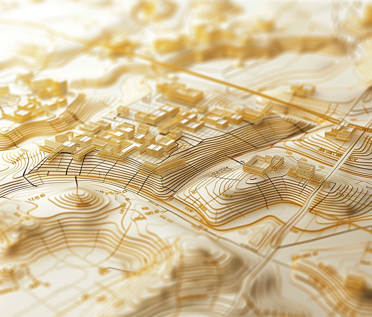Three-dimensional topographic map with contour lines and miniature building models in a golden tone.