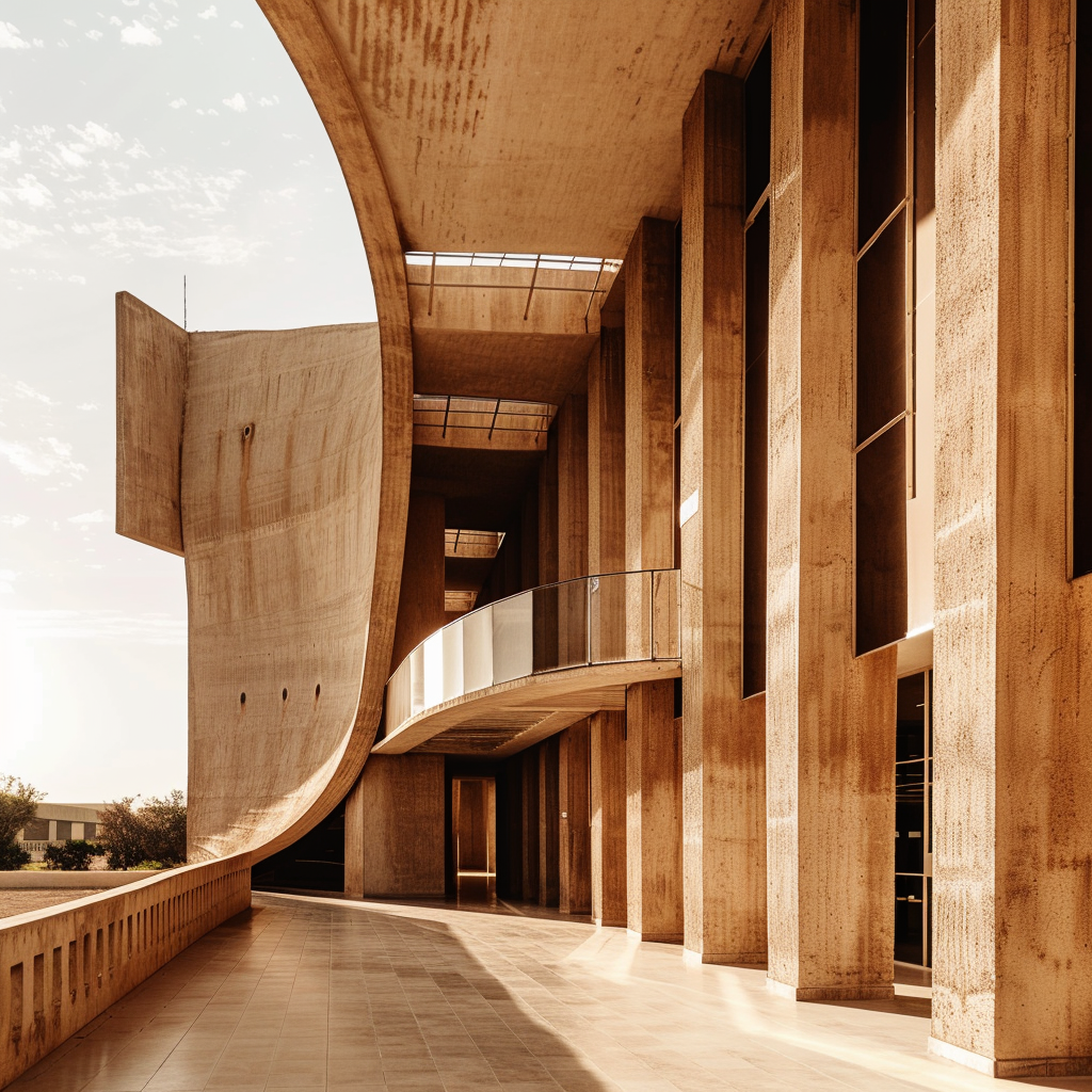 Curved concrete acrhitectural structure with tall vertical columns and a glass railing balcony under a partly cloudy sky