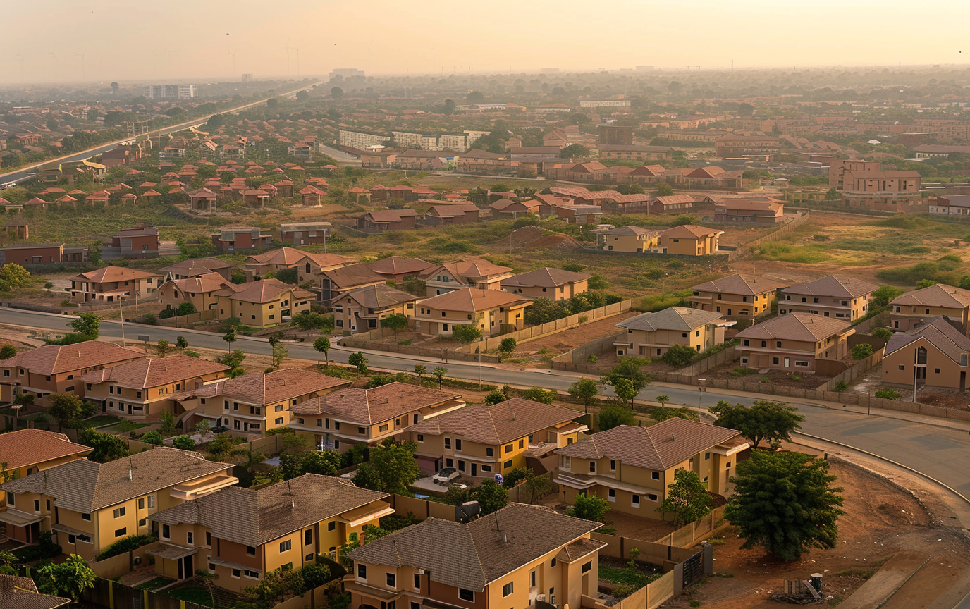 Aerial view of a suburban neighbourhood with modern houses, greenery, and a hazy horizon at sunset