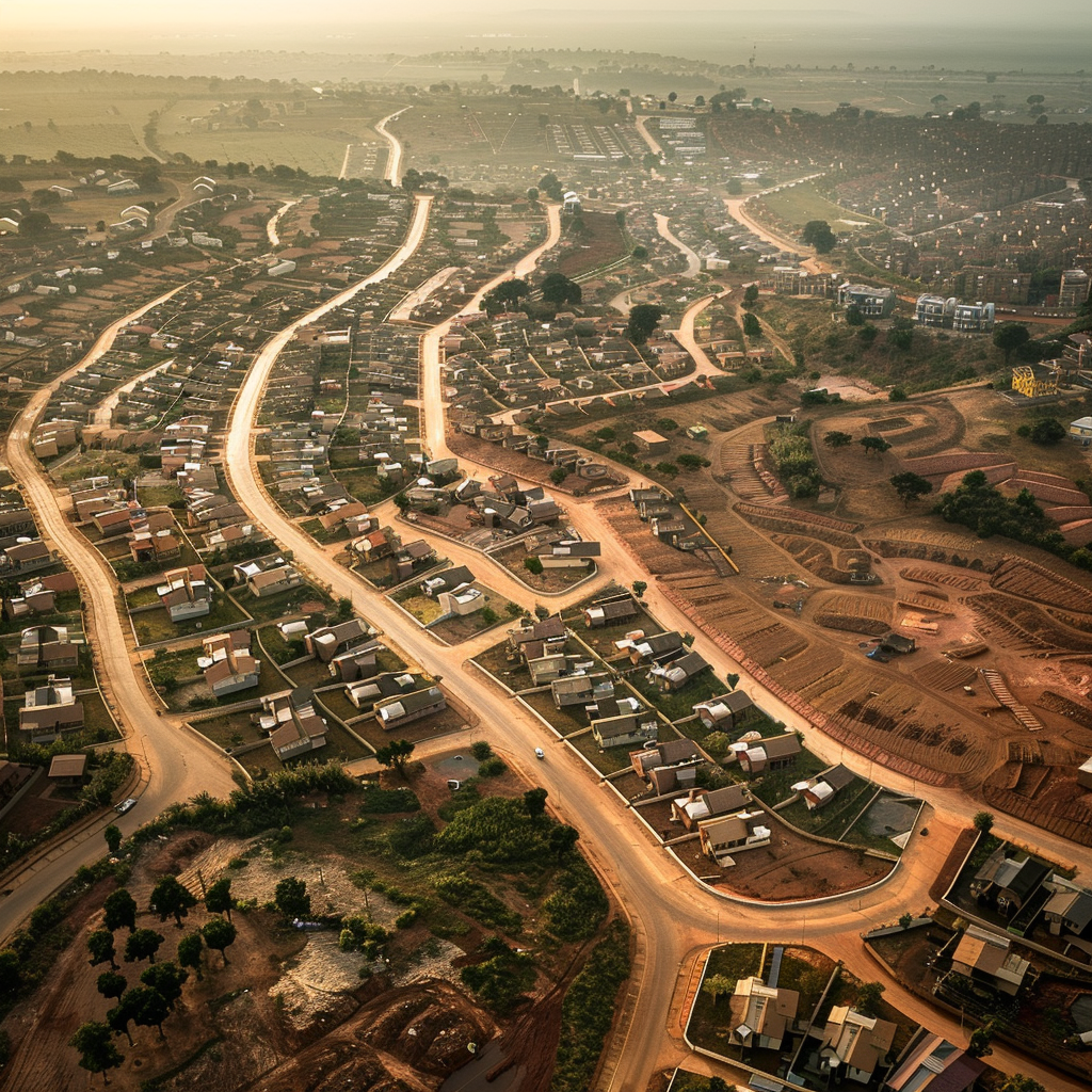 Aerial view of a suburban neighbourhood with winding roads, houses, green areas, and nearby construction sites in a rural setting.