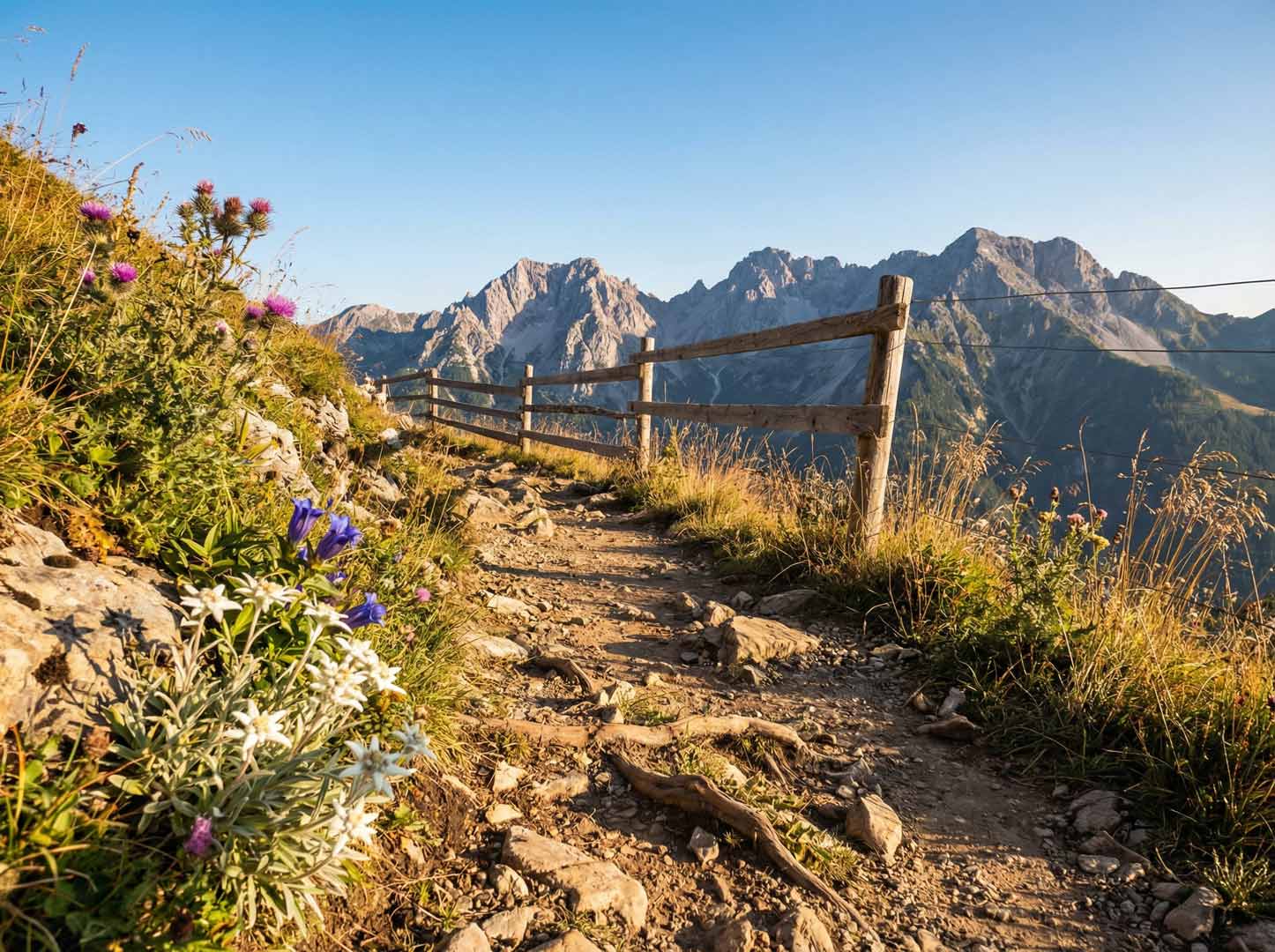 Detailaufnahme eines steinigen Wanderpfades in den Bergen. Der Fokus auf den Weg unter den Füßen symbolisiert die Achtsamkeit und das bewusste Gehen – Schritt für Schritt zur Erdung und Selbstfindung während der Retreats.