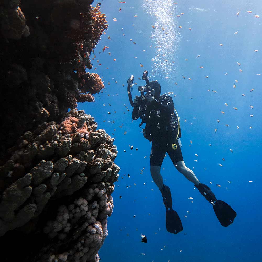 Unterwasser-Porträt von Resilienz-Trainer Alexander Neubert mit professioneller Kamera. Ein Symbol dafür, dem zu folgen, was Freude bringt, und wie Resilienz uns den Mut gibt, in neue Welten einzutauchen.