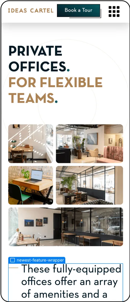 Mobile webpage showing 'Private Offices for Flexible Teams' with photos of modern office spaces including desks, chairs, plants, and large windows.