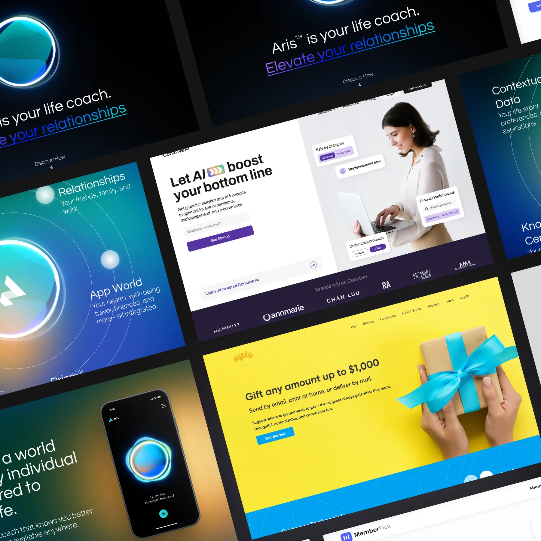 Collage of digital marketing and AI website interfaces featuring life coaching, AI analytics, gift cards, and app integration.