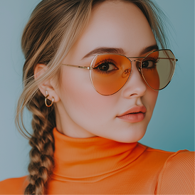 Close-up portrait of a young woman with braided hair wearing orange-tinted sunglasses and an orange turtleneck top.