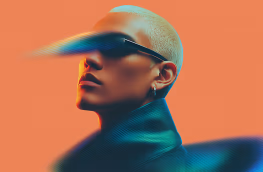 Side profile of a person with short blonde hair wearing futuristic glasses emitting blue light streaks against an orange background.