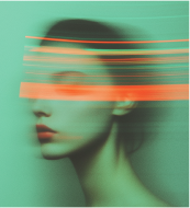 Portrait of a woman with slicked-back hair wearing a black blazer and orange turtleneck, with a double-exposure effect.