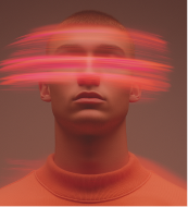 Portrait of a woman with a serious expression wearing a black high-neck dress and a large, intricate black headpiece against a red background.