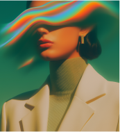 Close-up of a person with eyes closed, wrapped in translucent white fabric against a blue background.